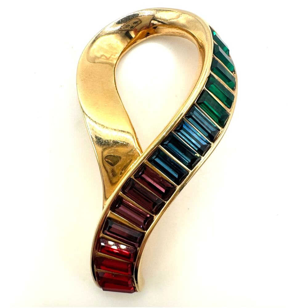 Swarovski Swan signed vintage gold tone rainbow baguettes rhinestones brooch